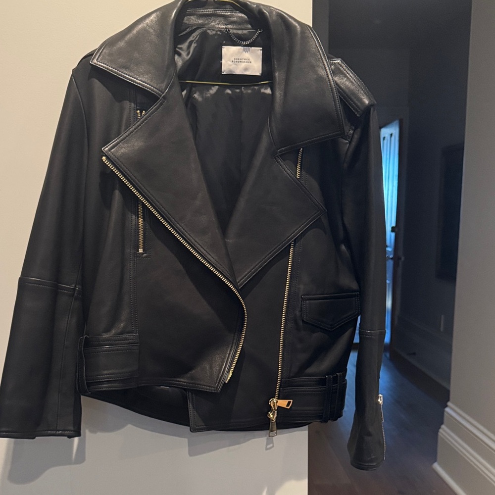 Womens Black Leather Moto Jacket with Zip Detail